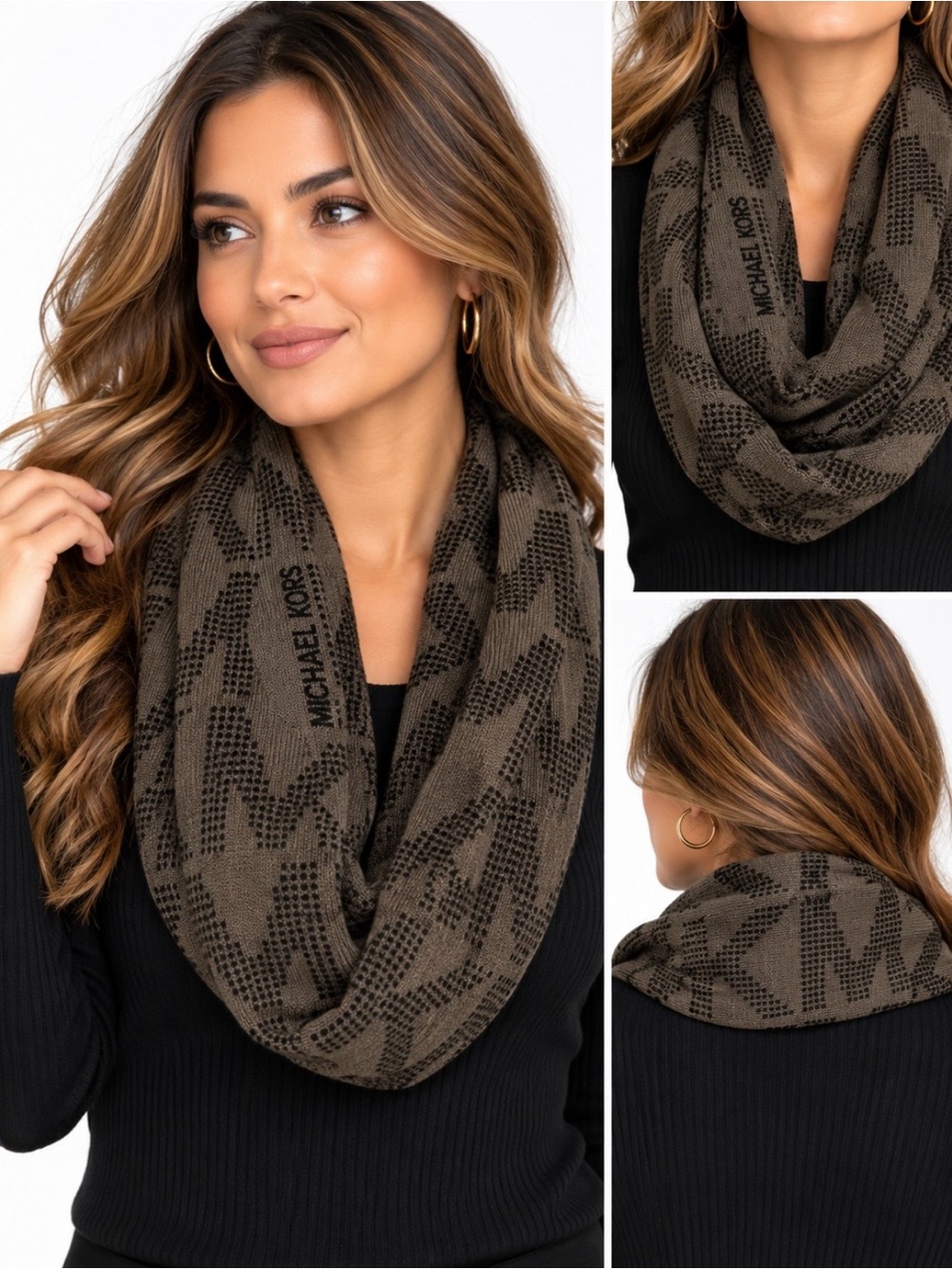 Michael Kors Infinity Scarf Brown Black MK Logo Monogram Knit Designer Winter